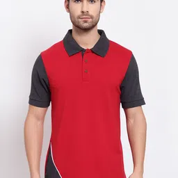 Kalt Men Red & Navy Blue Colourblocked Polo Collar T-shirt-image-46