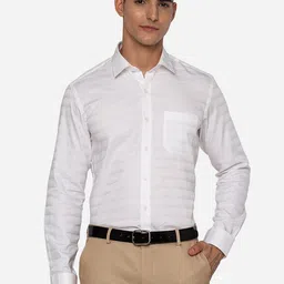 JADE BLUE Men White Slim Fit Horizontal Stripes Striped Formal Shirt-image-8