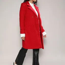 Campus Sutra Red Self Design Notched Lapel Collar Woollen Longline Trench Coat-29