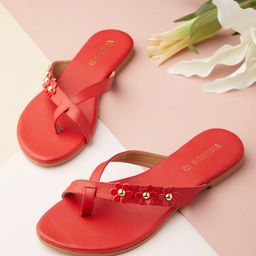 Vishudh Women Red Embellished Open Toe Flats-3