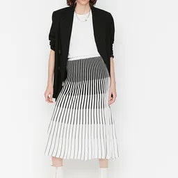 Trendyol Women White & Black Striped Cotton A-line Skirts-image-39