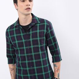 HIGHLANDER Navy Blue & Green Tartan Checks Slim Fit Casual Shirt-image-20