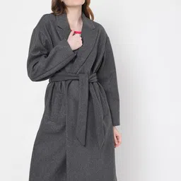 Vero Moda Women Grey Solid Longline Wrap Coat-picture-35