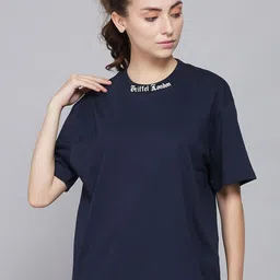 GRIFFEL Women Navy Blue Drop-Shoulder Sleeves OversizedT-shirt-image-22