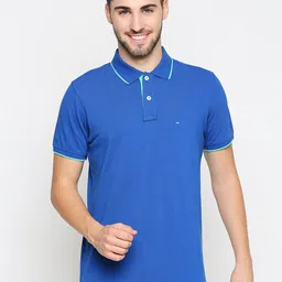 Basics Men Blue Polo Collar Slim Fit Pure Cotton T-shirt-image-69
