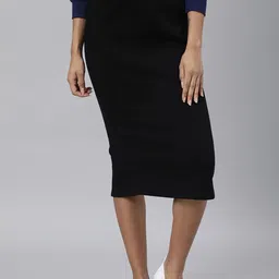 RAREISM Women Black Solid Knee Length Pencil Skirt-picture-45