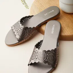 Vishudh Women Grey Ethnic Open Toe Flats with Laser Cuts-image-45
