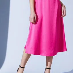 STREET 9 Fuchsia Satin A-Line Midi Skirt-image-5