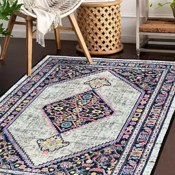 Status Grey & Pink Ethnic Motifs Printed Anti-Skid Vintage Carpet-22