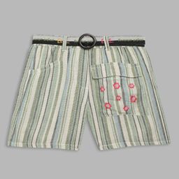 ELLE Girls Olive Green Striped Cotton Shorts-image-51