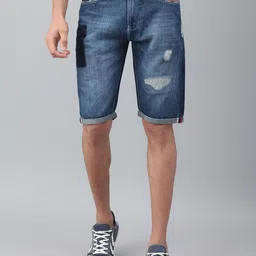 Code 61 Men Blue Washed Cotton Low-Rise Denim Shorts-image-9