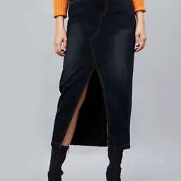 Orchid Blues Front Slit Denim Skirt-image-3