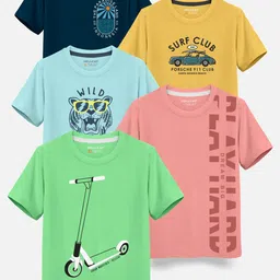 HELLCAT Boys Pack Of 5 Typography Printed Cotton T-shirt-image-35