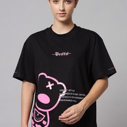 GRIFFEL Women Black Printed Applique OversizedT-shirt-image-27