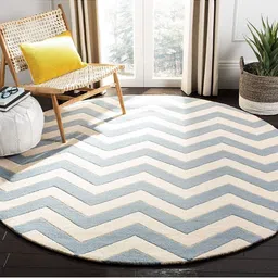 IMRA CARPET Blue & White Geometric Printed Round Shaped Woollen Carpet-picture-29