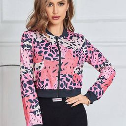 TANDUL Geometric Printed Mock Collar Lightweight Crop Bomber Jacket-image-99