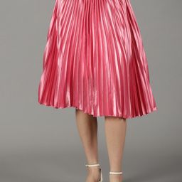 SHOWOFF Accordion Pleated Satin Flared Knee Length Skirt-image-80