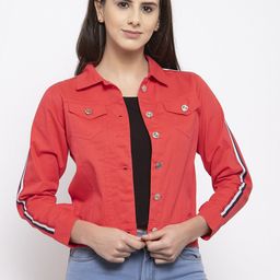 VOXATI Women Red Crop Denim Jacket-image-33