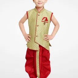 BAESD Boys Ethnic Motif Woven Design Regular Asymmetric Silk Cotton Kurta With Dhoti Pants-35