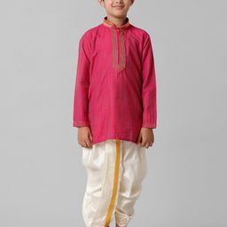 Ramraj Boys Striped Yoke Design Mandarin Collar Thread Work Kurta With Panchakacham-picture-42