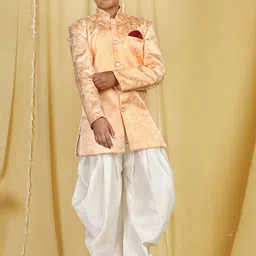 Aj DEZInES Kids Orange White Jacquard Sherwani With Dhoti Pants For Boys-39