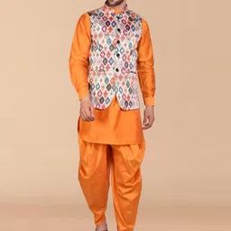 PRINTCULTR Band Collar Pure Silk Straight Kurta & Dhoti Pants with Nehru jacket-picture-11