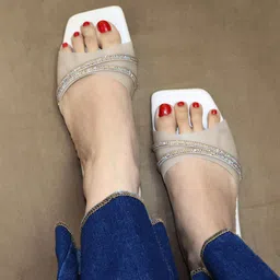 DressBerry Cream-Coloured Embellished Open Toe Flats-5
