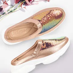 FAUSTO Women Gold-Toned Embellished Leather Party Mules Flats-image-56