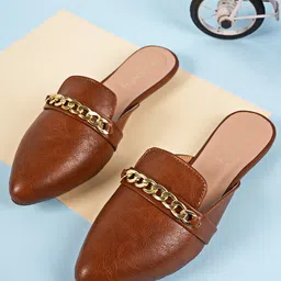 DressBerry Women Brown & Gold Toned Embellished Pointed Toe Mules-image-82