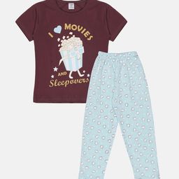 Todd N Teen Girls Maroon & Blue Printed Cotton Night suit-image-39