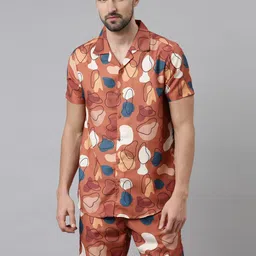 Bushirt Men Camel Brown & White Printed Night suit-image-59