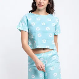 Boston Club Women Turquoise Blue & White Printed Night Suit-12