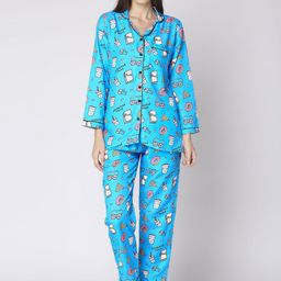 Pyjama Party Women Blue Printed Night Suit-image-42