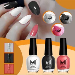 MI FASHION Set of 3 High Shine Long-Lasting Nail Lacquer 15 ml Each -Milky White 701 - Jet Black 703 - Peach Crush 749-13