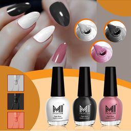 MI FASHION Set of 3 High Shine Long-Lasting Nail Lacquer 15 ml Each -Milky White 701 - Jet Black 703 - Nude Spring 739-12
