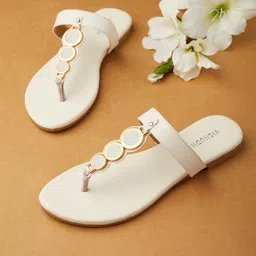 Vishudh Women White Embellished T-Strap Flats-image-58