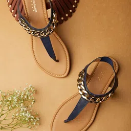 Tokyo Talkies Women Navy Blue  & Beige  Open Toe T-Strap Flats-image-84