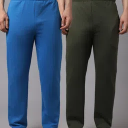 mack jonney VIMAL JONNEY Men Pack of 2 Blue & Olive Green Solid Pure Cotton Track Pants-picture-10