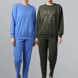 mack jonney VIMAL JONNEY Women Pack Of 2 Olive Green & Blue Printed Fleece Tracksuits-picture-9
