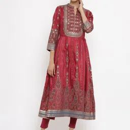 W Women Red Foil Floral Print Kurta with Trousers-image-92