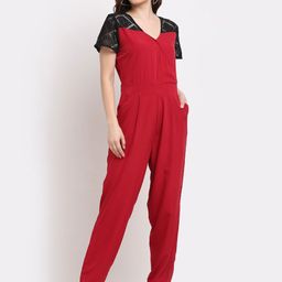 La Zoire Maroon & Black Basic Jumpsuit with Lace Inserts-image-33