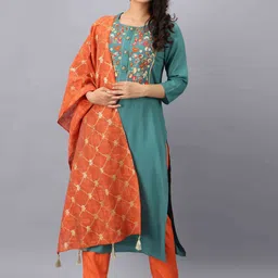 KALINI Women Turquoise Blue Ethnic Motifs Embroidered Kurta with Trousers & With Dupatta-54