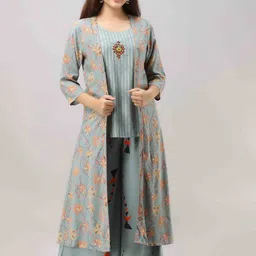 KALINI Women Blue Floral Embroidered Thread Work Kurti with Palazzos-image-7