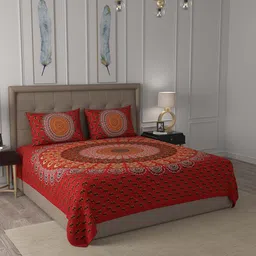 JAIPUR FABRIC Red & Green Floral 180 TC Cotton Queen Bedsheet with 2 Pillow Covers-picture-12
