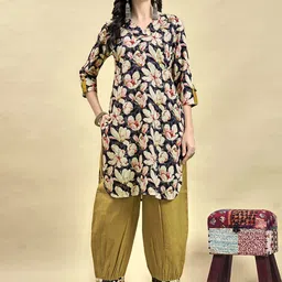 Anouk Black Floral Printed V-Neck Regular Kurta With Salwar-picture-47