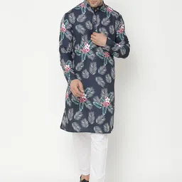 Hangup Men Navy Blue Floral Printed Kurta with Churidar-image-97