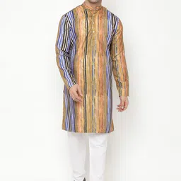 Hangup Men Brown Striped Kurta with Pyjamas-image-61