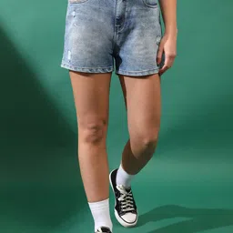 TALES & STORIES Women Washed Mid Rise Denim Shorts-picture-5