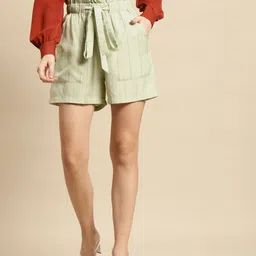 WoowZerz Women Mint Green & Blue Striped Slim Fit High-Rise Modal Regular Shorts-image-99