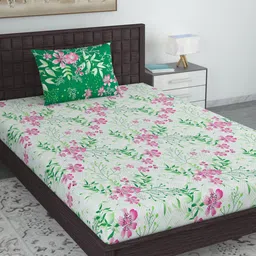 Divine Casa White & Green Floral 120 TC Single Bedsheet with 1 Pillow Covers-image-15